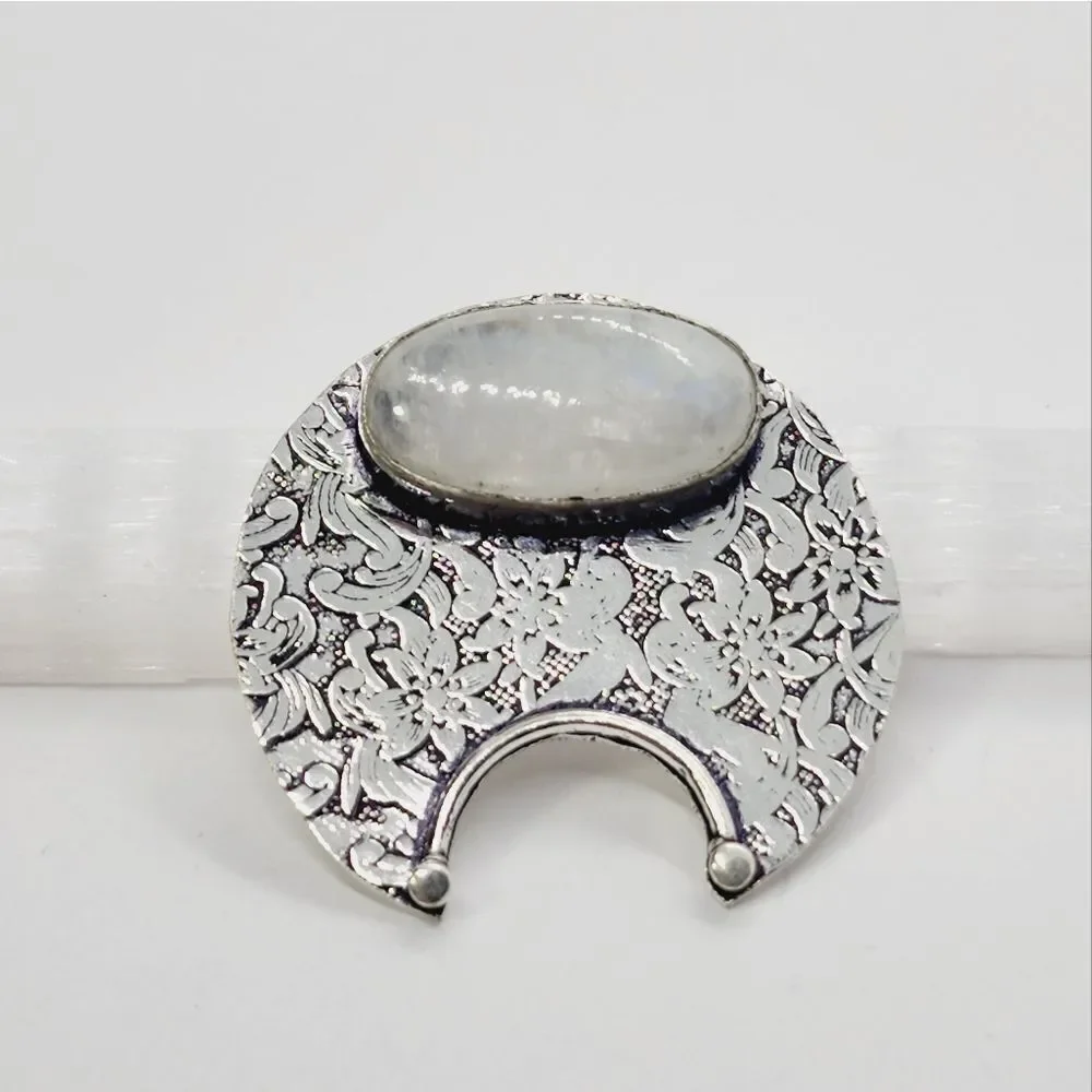 Rainbow Moonstone Sliver Plated Antique Style Pendant Size 1.4